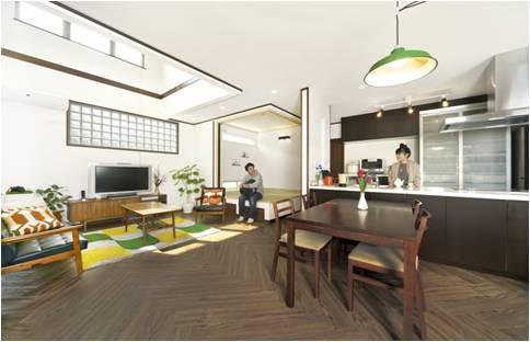 Building plan example (introspection photo). LDK from the kitchen, Leads up to the Japanese-style room was also thought, It offers suggestions of livable floor plan.