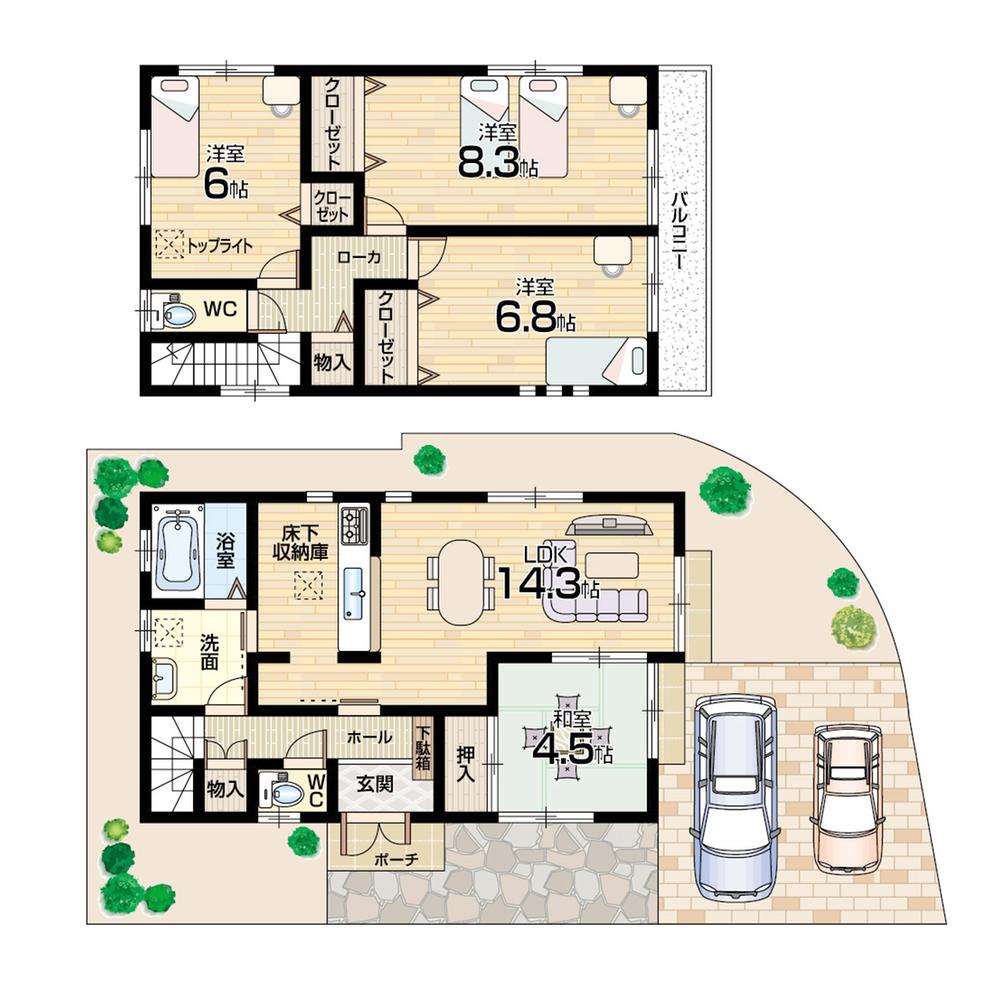 Floor plan. 25,800,000 yen, 4LDK, Land area 95.7 sq m , Building area 95.64 sq m popular face-to-face kitchen! Parking two possible! !