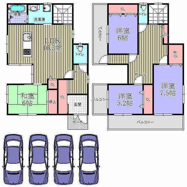Floor plan. 43,800,000 yen, 4LDK, Land area 193.53 sq m , Building area 193.53 sq m parking, Spacious four Allowed