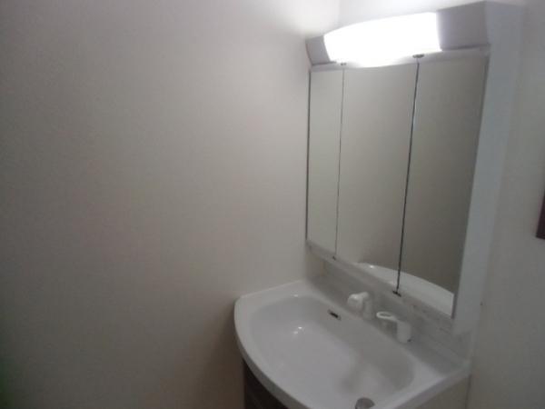 Wash basin, toilet. Vanity triple mirror type