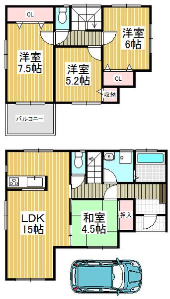 Floor plan. 27,800,000 yen, 4LDK, Land area 95.52 sq m , Residence of 4LDK with a building area of 92.74 sq m parking space