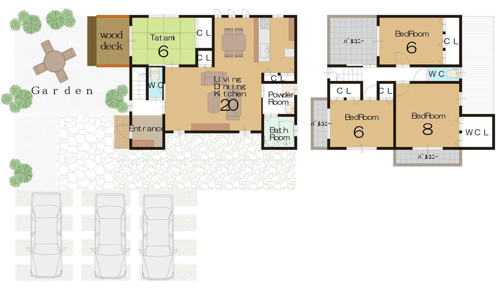 Floor plan. 23.8 million yen, 4LDK, Land area 315.2 sq m , Building area 80 sq m wood deck standard specification, Mato free design