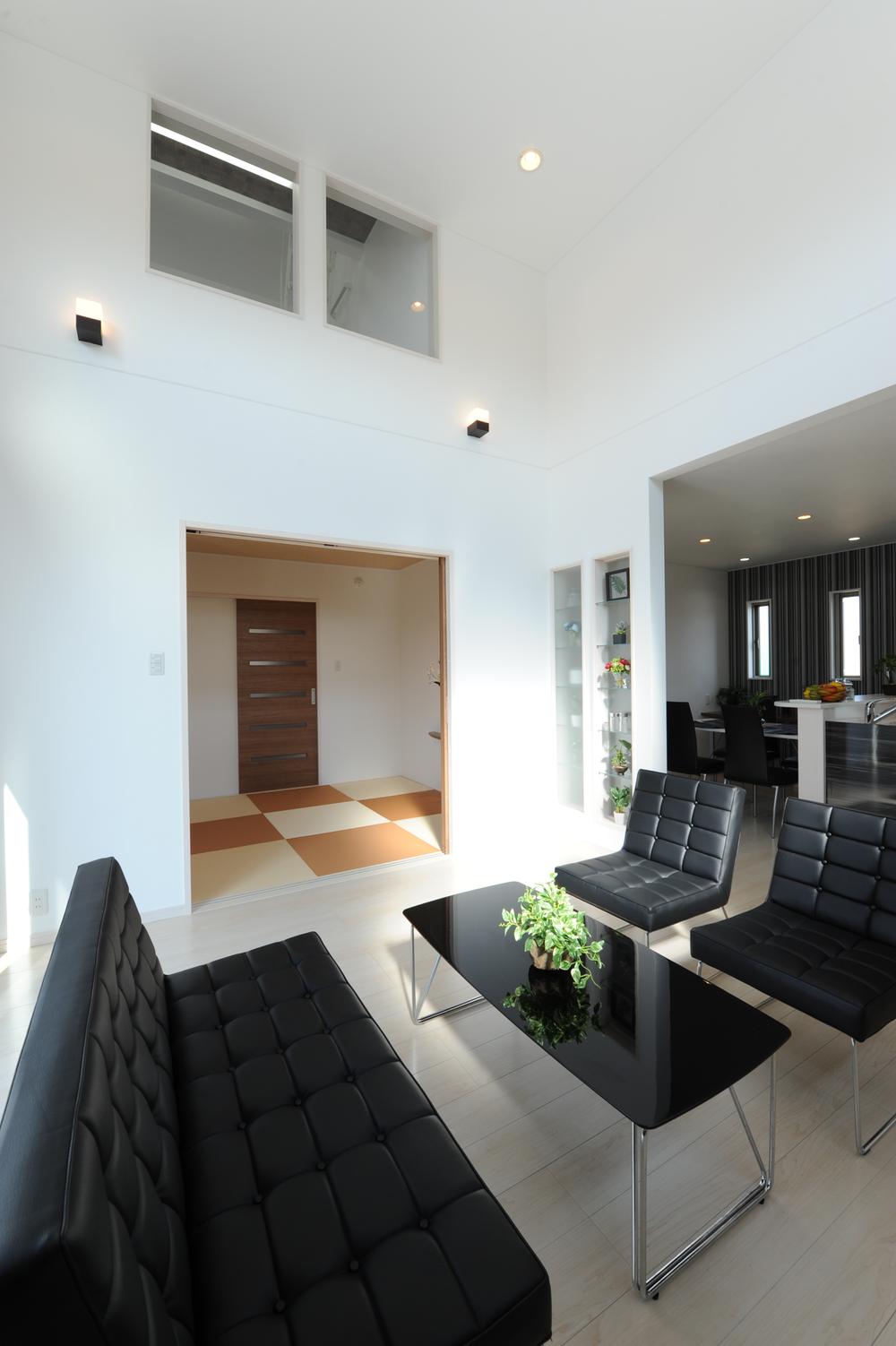 Model house photo. Model house with a living room high ceiling