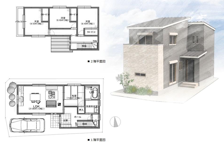Building plan example (floor plan). Building plan example (Tohshin 2-chome ☆ D No. land) 4LDK, Land price 12,264,000 yen, Land area 87.87 sq m , Building price 12,738,000 yen, Building area 86.67 sq m