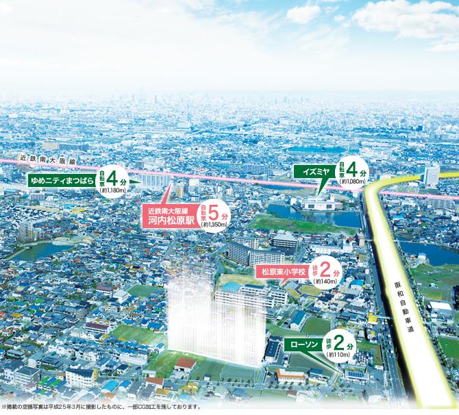 aerial photograph. Iron Minamiosakasen "Kawachi Matsubara" station bike 5 minutes, Town birth of 24 compartments in Shibagaki Matsubara. ( ※ Aerial photo of the articles and is subjected to some CG work in was taken in March 2013. )