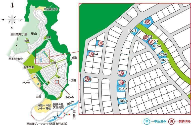 Compartment figure. Land price - compartment of the two-way road is "less likely to care about the line of sight and sound of the adjacent land," "draft ・ Solar radiation are the benefits, such as easy to "ensure. Also green road width 10m (promenade) along is also a section of the popular "landscape can enjoy," "car of traffic there is no safety.".