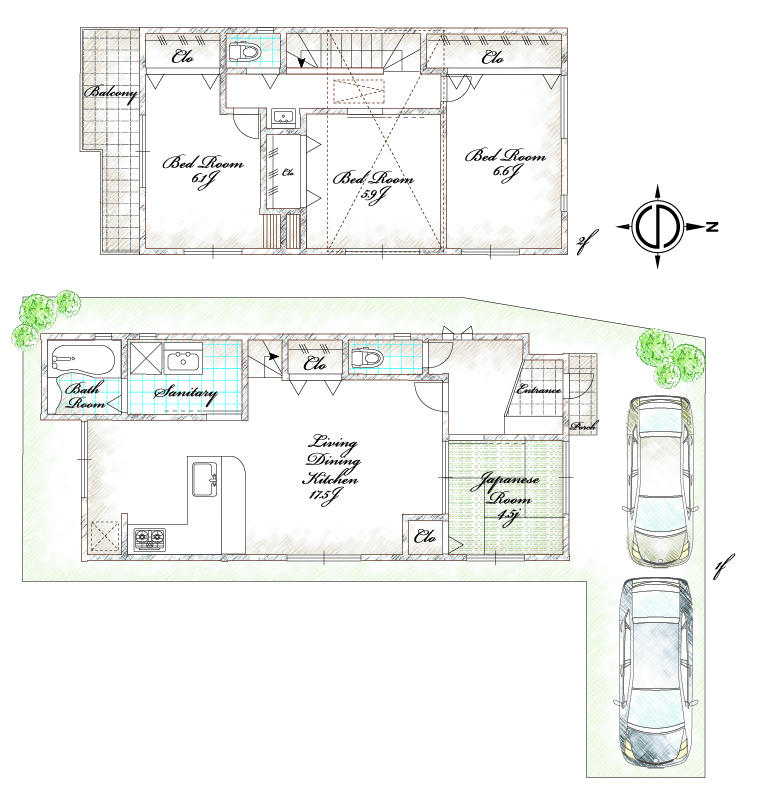 Building plan example (floor plan). Building plan example ( "Frog House" Todaiji No. 9 locations) 4LDK, Land price 15.4 million yen, Land area 103.88 sq m , Building price 18.4 million yen, Building area 101.44 sq m
