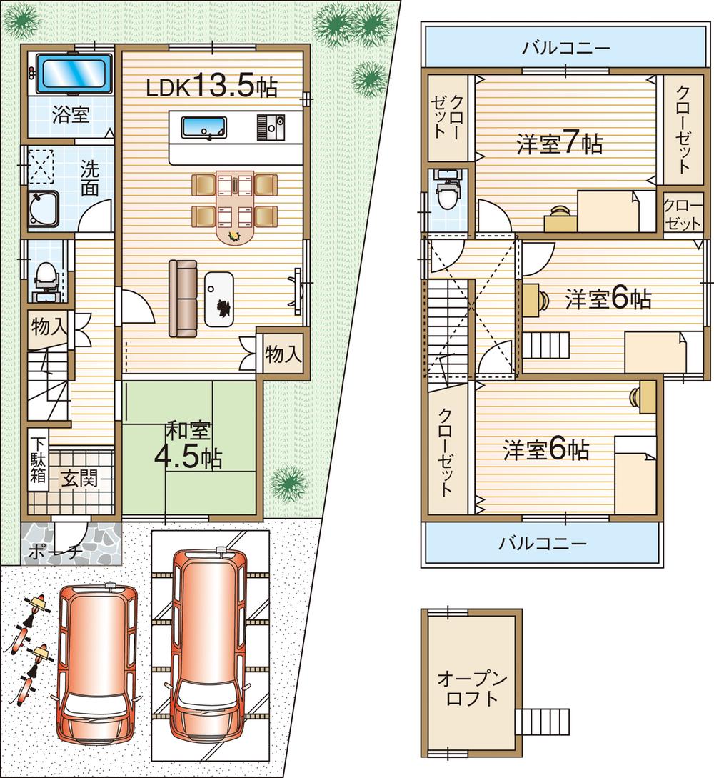 Floor plan. 34,800,000 yen, 4LDK, Land area 94.87 sq m , It is a building area of ​​89.91 sq m property of 4LDK + garage with two of land with 28.5 square meters!