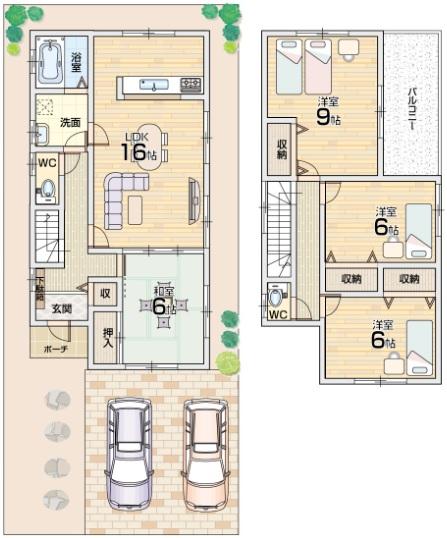 Floor plan. 32,800,000 yen, 4LDK, Land area 142.99 sq m , Building area 105.15 sq m parallel parking two possible! South-facing wide balcony! South 3 rooms!