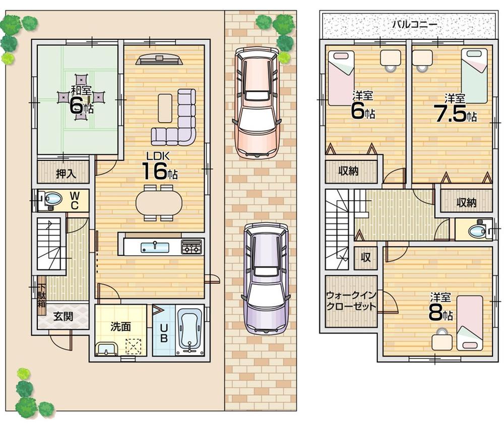 Floor plan. 29,800,000 yen, 4LDK + S (storeroom), Land area 114.24 sq m , Building area 105.98 sq m parking two possible! South-facing wide balcony! South 3 rooms!