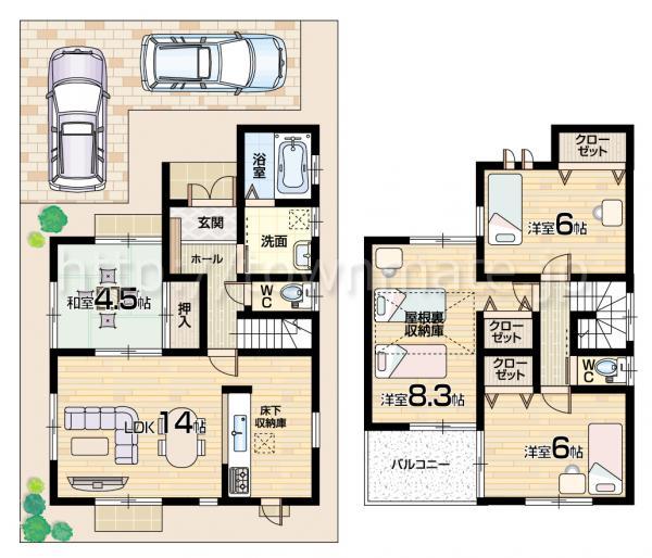 Floor plan. 33,800,000 yen, 4LDK, Land area 92.7 sq m , Building area 91.08 sq m land area 92.70 square meters building area 91.08 square meters