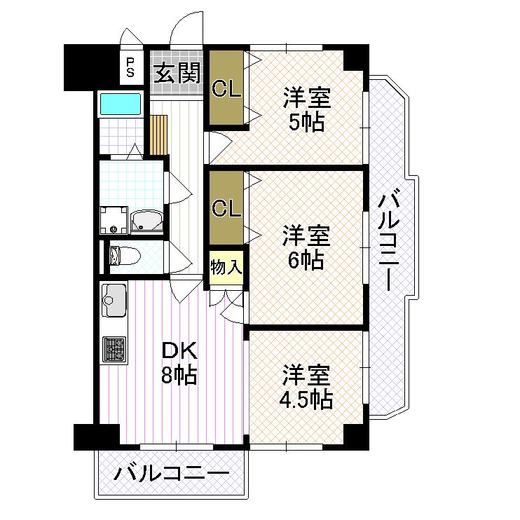 Floor plan. 3DK, Price 13.8 million yen, Footprint 56.7 sq m , Balcony area 10.48 sq m