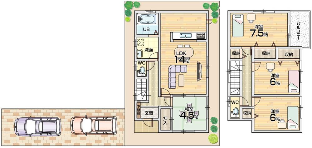 Floor plan. 28.8 million yen, 4LDK, Land area 130.33 sq m , Building area 93.56 sq m parking two possible! South-facing wide balcony! South 3 rooms!