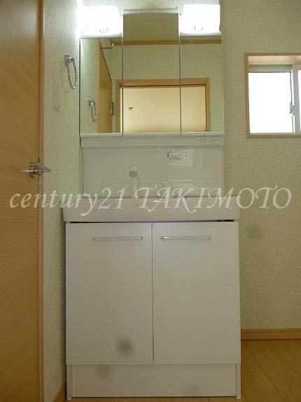 Wash basin, toilet. Storage rich three-sided mirror