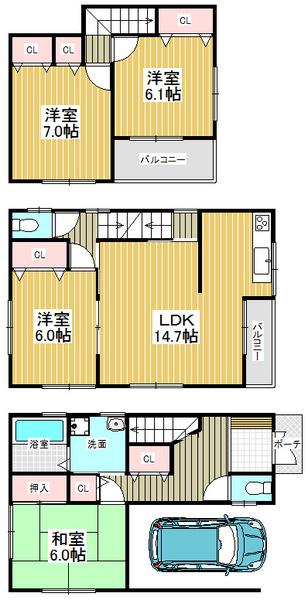 Floor plan. 20.8 million yen, 4LDK, Land area 70.01 sq m , Building area 113.06 sq m all room 6 tatami mats or more, Residence of 4LDK