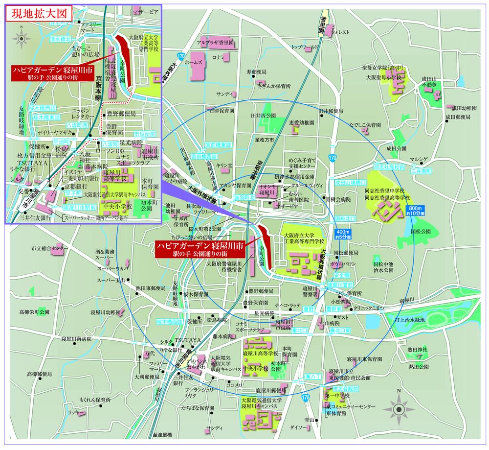 Access view. Ha peer Garden Neyagawa It is a local guide map of the city of hand Koen-dori station.