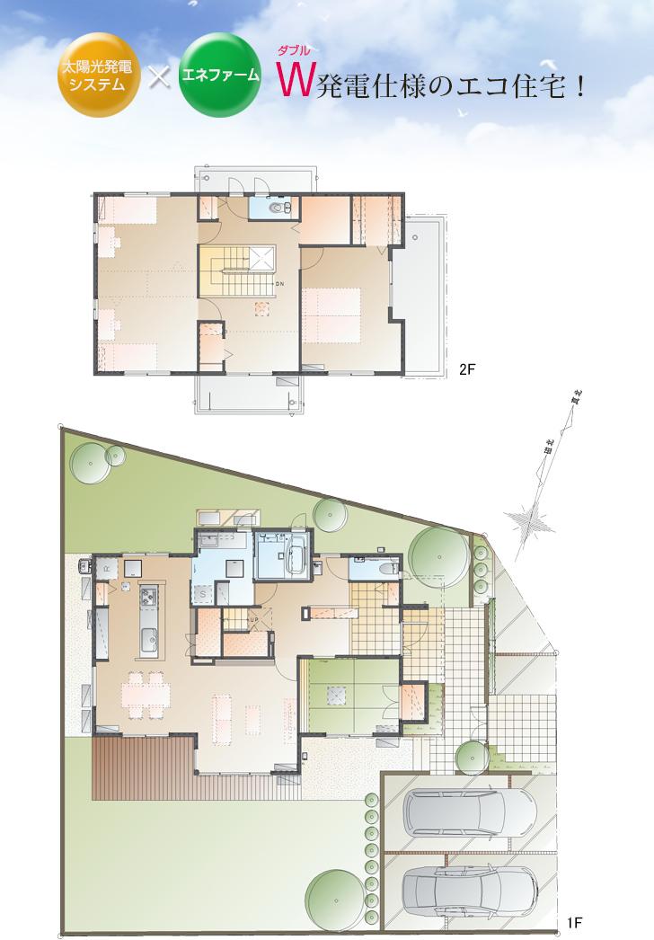 Floor plan.  [No. 1 destination] So we have drawn on the basis of the Plan view] drawings, Plan and the outer structure ・ Planting, such as might actually differ slightly from.  Also, furniture ・ Car, etc. are not included in the price.