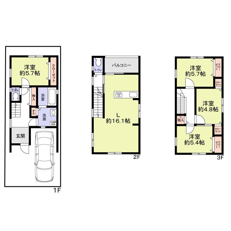 Building plan example (floor plan). Building plan example Building price 16 million yen Building area 97.12 sq m Separately outside groove cost  [Wooden three-story]