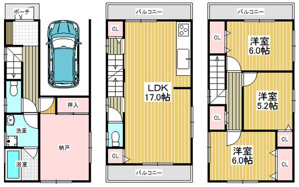 Floor plan. 33,800,000 yen, 4LDK+S, Land area 61.94 sq m , Garage with mansion to protect the car of building area 117.79 sq m Papa