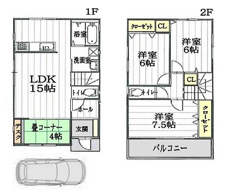 Floor plan. 31,800,000 yen, 3LDK, Land area 82.45 sq m , Building area 91.08 sq m 3LDK, Tatami corner, Car space one minute.