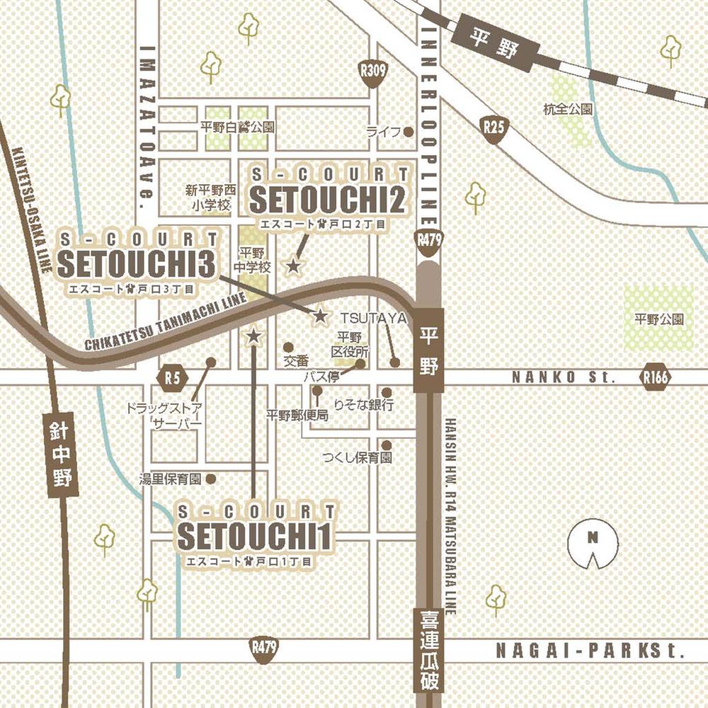 Local guide map. About an 8-minute walk from the subway Tanimachi Line "plain" station. It is very close to the plains junior high school.