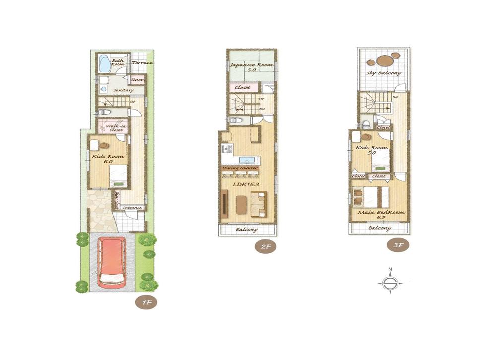 Floor plan. 29,800,000 yen, 4LDK, Land area 91.12 sq m , Building area 105.7 sq m 1 floor area 35.70 sq m 2 floor area 42.32 sq m 3 floor area 30.98 sq m total floor area of 108.37 sq m (32.78 square meters) site area 80.87 (24.26 square meters)