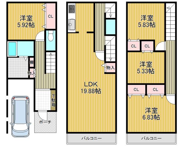 Floor plan. 23.8 million yen, 4LDK, Land area 60 sq m , Building area 123.1 sq m parking with space, Three stories ・ Residence of 4LDK