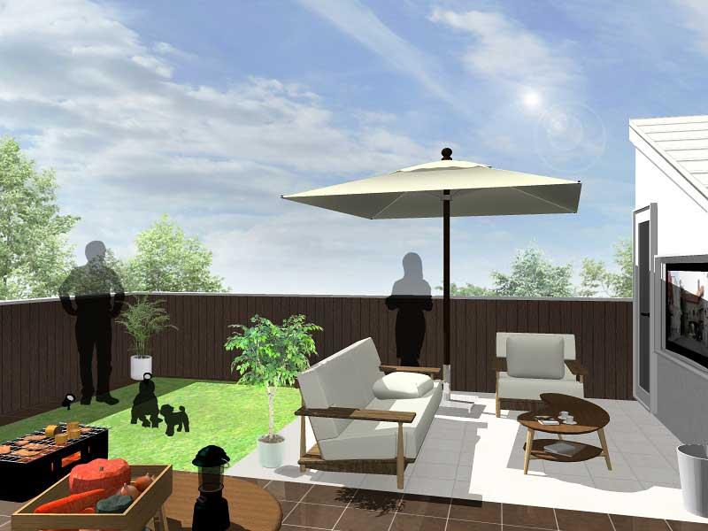 Building plan example (Perth ・ appearance). It is blue sky living of our original specification! ! It will make a living on the roof with a TV on the wall of the penthouse with a roof! Summer is playing in your child and vinyl pool, You can also at home to enjoy with family and friends and BBQ! !