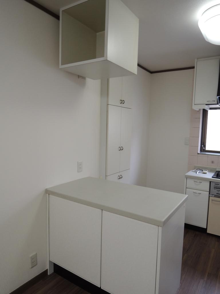Kitchen. Kitchen countertop. Cupboard hanging at the top. 