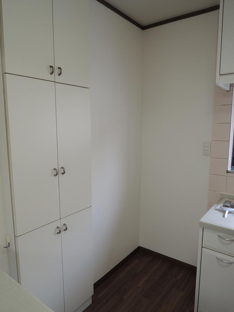 Kitchen. Storage that is up to above behind the counter. Beyond fits perfect refrigerator. 