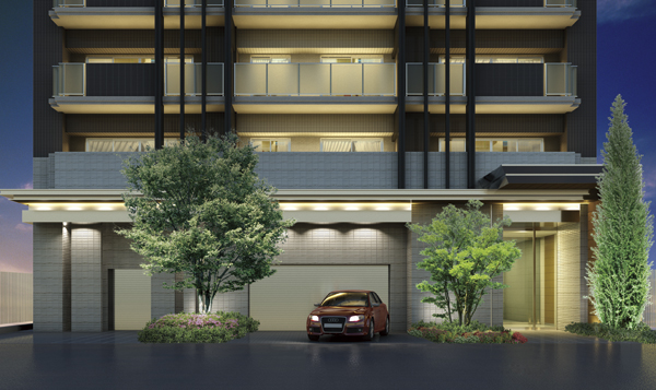 Features of the building.  [entrance] The foundation part divided paste the surface of different tile, Creating a rich look. Creating a crisp beautiful shade in further shed lighting, Even against an illumination a large eave with sharp aluminum, Modern sense of sophistication has been directed (Rendering)