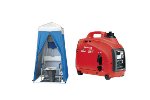 earthquake ・ Disaster-prevention measures.  [Disaster prevention warehouse] Major earthquake and fire, etc., It established a disaster prevention warehouse on the assumption that the life line has been cut off by the event of a disaster. The disaster prevention warehouse has been equipped with a "prefabricated latrines" or emergency help to the power supply ensure "simple generator" (an example of disaster prevention equipment)