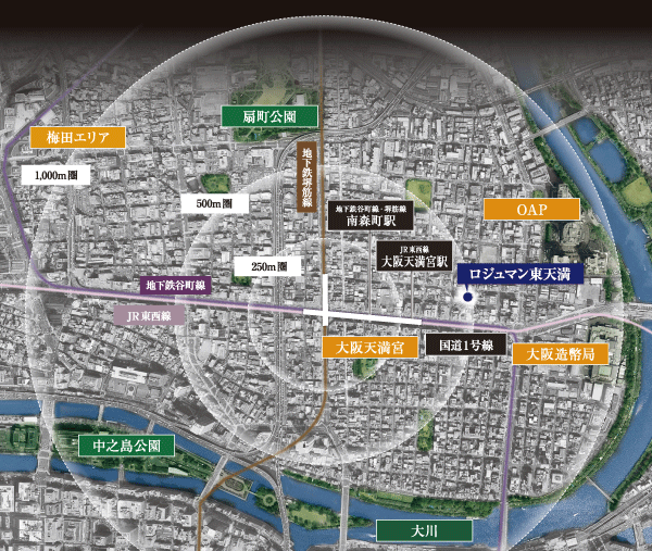 Surrounding environment. CG synthesis of light or the like to an aerial photograph of birth (June 2012 shooting in the city center location next to Umeda. In fact a slightly different)