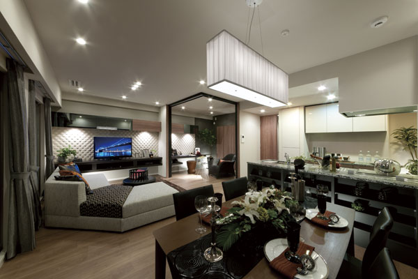 Living.  [living ・ dining] The aim was for the, Location to be filled in the comfort of deep just being there, for example, as hotel. Material, Color, design, Commitment to its all, House to free the human mind to live in the city center have been planning (D type model room)