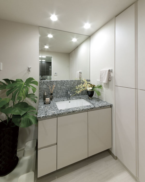 Bathing-wash room.  [Powder Room] I get dressed in the morning, Night of grooming. Cleanliness to spend in the always refreshing mood to powder room. Granite is adopted to further counter, Plus the hotel just like elegance. Also it provided linen cabinet to dispose of stock such as towels and make-up products are neat (D type model room)