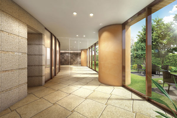 Buildings and facilities. Toward the hole from the entrance approach, It has a gentle curve is drawn. Green fresh garden that spread through the glass, It will produce a full open feeling of space (entrance hall Rendering)