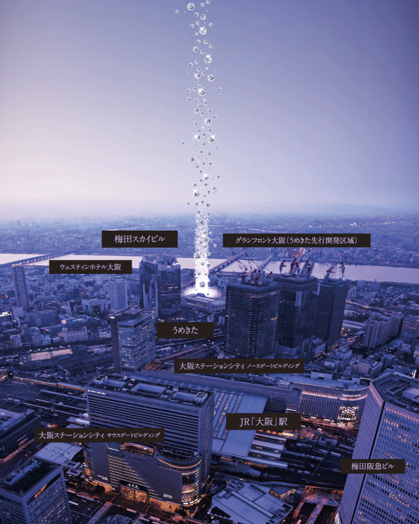 Surrounding environment. The vast land thing about 24ha named "Umekita", Start-up international-type project of civil cooperation. April 26, 2013, Open Development Area "Grand Front Osaka" is ※ Which was subjected to a CG processing to local peripheral aerial photographs (May 2012 shooting), In fact a slightly different