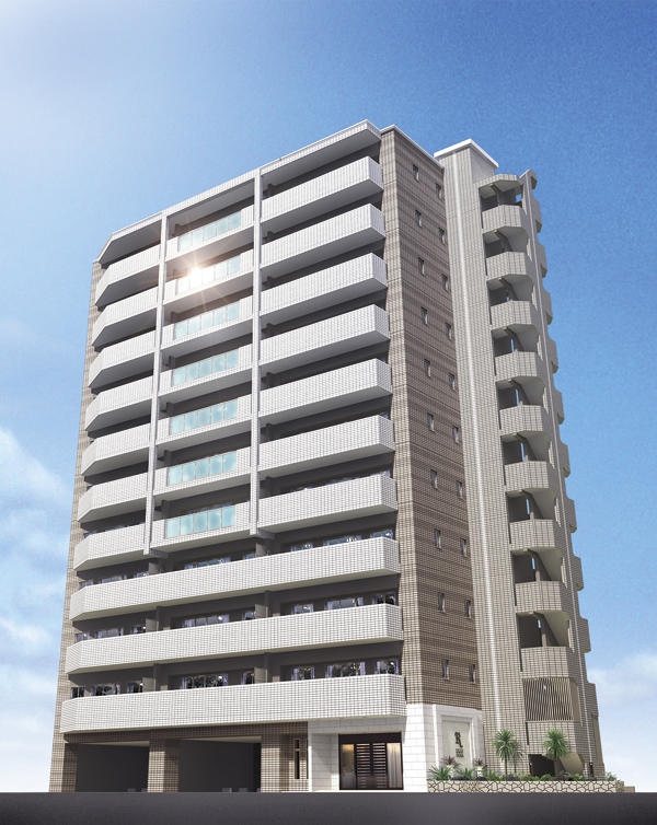 Features of the building.  [appearance] As a fun-free residences and relaxation in the city center, Form design with ivory white and light brown tiles shine in sunlight on the outer wall. And Marion extending vertically in the central portion, Such as the accent adopted a glass handrail wall to add a sense of transparency, Is the appearance of delicate change has been directed (Rendering)