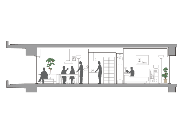 Building structure.  [Flat Floor] Flat floor in consideration of the safety of children and the elderly. Such as between the living room and the hallway and around water, To eliminate a step from the floor in the dwelling unit, Designed to prevent it has been adopted stumble ※ Except part (conceptual diagram)