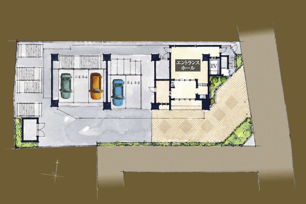 Features of the building.  [Land Plan] Presence and beauty of form is accentuated, Southeast corner lot excellent in overall independence site. While taking advantage of its location, Such as the accent the moisture of planting, Is a plan that drew a high-quality comfort (site layout)
