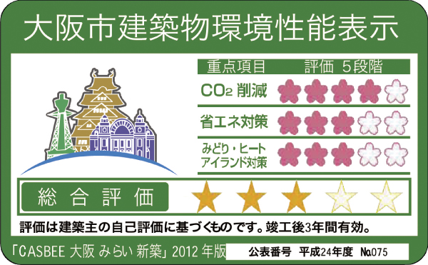 Building structure.  [Osaka City building environmental performance display system] In building a comprehensive environment plan that building owners to submit to Osaka, We evaluated at each five levels a comprehensive evaluation of the environmental performance of buildings by the effort degree and CASBEE for three key items that Osaka stipulated