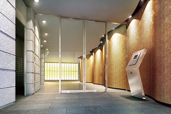 Features of the building.  [Entrance hall] Beautiful artistic is rhythmic curve entrance hall, Nestled high space itself is a design, such as the monument. Mosaic tiles glittering in response to the light is, It is glossy attire colors may vary depending on the viewing angle. Such as a glass of light wall is also provided on the front, Has been finished to the glamorous and luxurious space (Rendering)