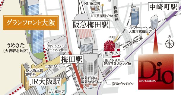 Surrounding environment. Vibrant, Gather the latest trend, Live in the Umeda area. Hankyu taking advantage of the potential that a 7-minute walk to the "Umeda" station, Just follow obediently to the sensibility of "Some of my" in "among the Umeda", Working, play, Relax joy. Residence fulfill a style of living that only unobtainable in this place, "Dio Umeda". "Umenaka", It will be Hokorashiki words that connect you and Umeda (local guide map) ※ This map is an excerpt facility, Also we omit some road