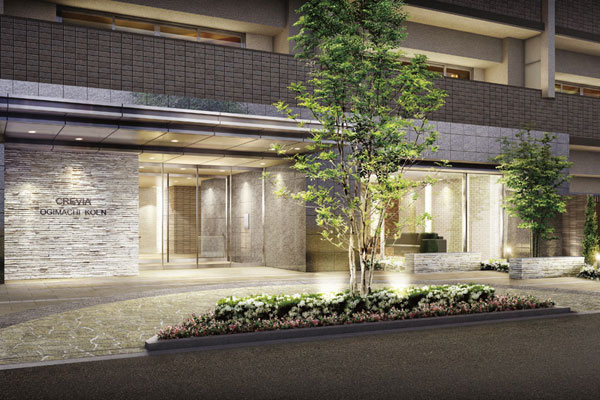 Features of the building.  [entrance] In design that take advantage of the wide opening, Planning a heavy stance by granite. Also, Natural stone of the split skin tone to show the rich facial expressions have been arranged in the curve is beautiful approach. With us gracefully welcomed the person to visit, of course those who live, Invite you to the peaceful private space (Rendering)