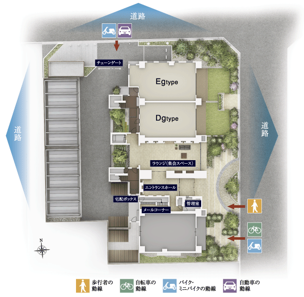 Features of the building.  [Land Plan] As a pedestrian into the building can enter and leave with peace of mind, Man, Adopt a walking car isolation design separation of the car of approach. The entrance of the parking lot has been installed to suppress chain gate the intrusion of outsiders (site layout)