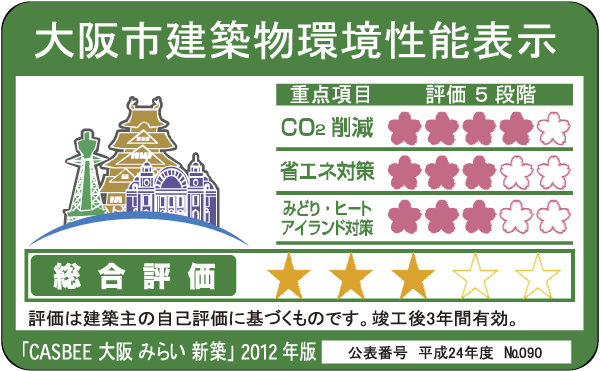 Building structure.  [Osaka City building environmental performance display] By building comprehensive environment plan that building owners to submit to Osaka, And initiatives degree for the three items, such as reducing CO2 emissions, Overall it has been evaluated in five stages the environmental performance of buildings