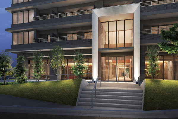 Features of the building.  [Main Entrance] Living environment of calm that has entered in one step from the main road. And site shape full of open feeling of the big scale. While it is convenient also to achieve a quiet life (Rendering)