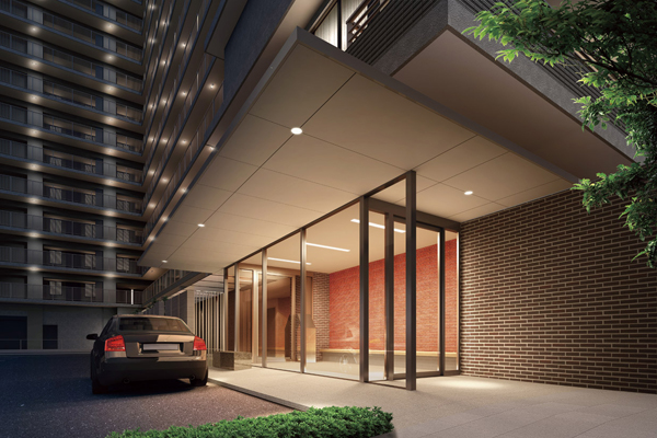 Features of the building.  [Porte-cochere] In the Property, Driveway that can get in and out of the car is provided without getting wet even on rainy days. Also so as to wrap around the site, Rich planting 栽計 picture has been decorated. Including Takagi that becomes a symbol tree, Shrub in giving peace to the line of sight, Flowers and trees, such as, You show me the expression of four seasons (Rendering)