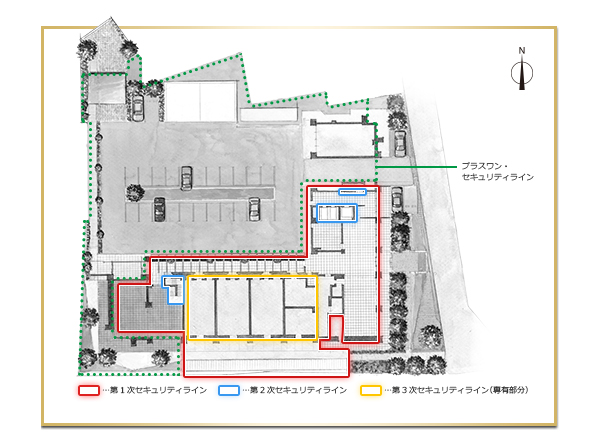 Security.  [Triple security system] That the primary security line, Main entrance to enter into the building, Sub Entrance. An advanced auto-lock system, Suppress in advance outsider intrusion.  Elevator in the building, Stairs, Second of the security line. It has also been subjected to measures such as not be able to ride unless you release the auto lock again for Elevator. Third of the security line measures in each dwelling unit. Entrance door with enhanced started crime prevention intercom with monitor, And guard such as a window of the magnet sensor (conceptual diagram)