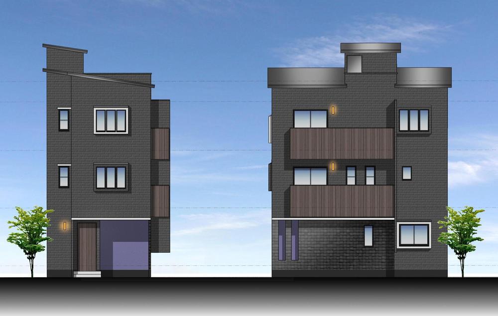 Rendering (appearance). This Exterior - Rendering. The outer wall of the black Masonry tone is, We put out a profound and exclusive atmosphere. Also, To blend well in fashionable urban town, The walls of the parking space to purple, Entrance next to the wall was taut black tile shiny.